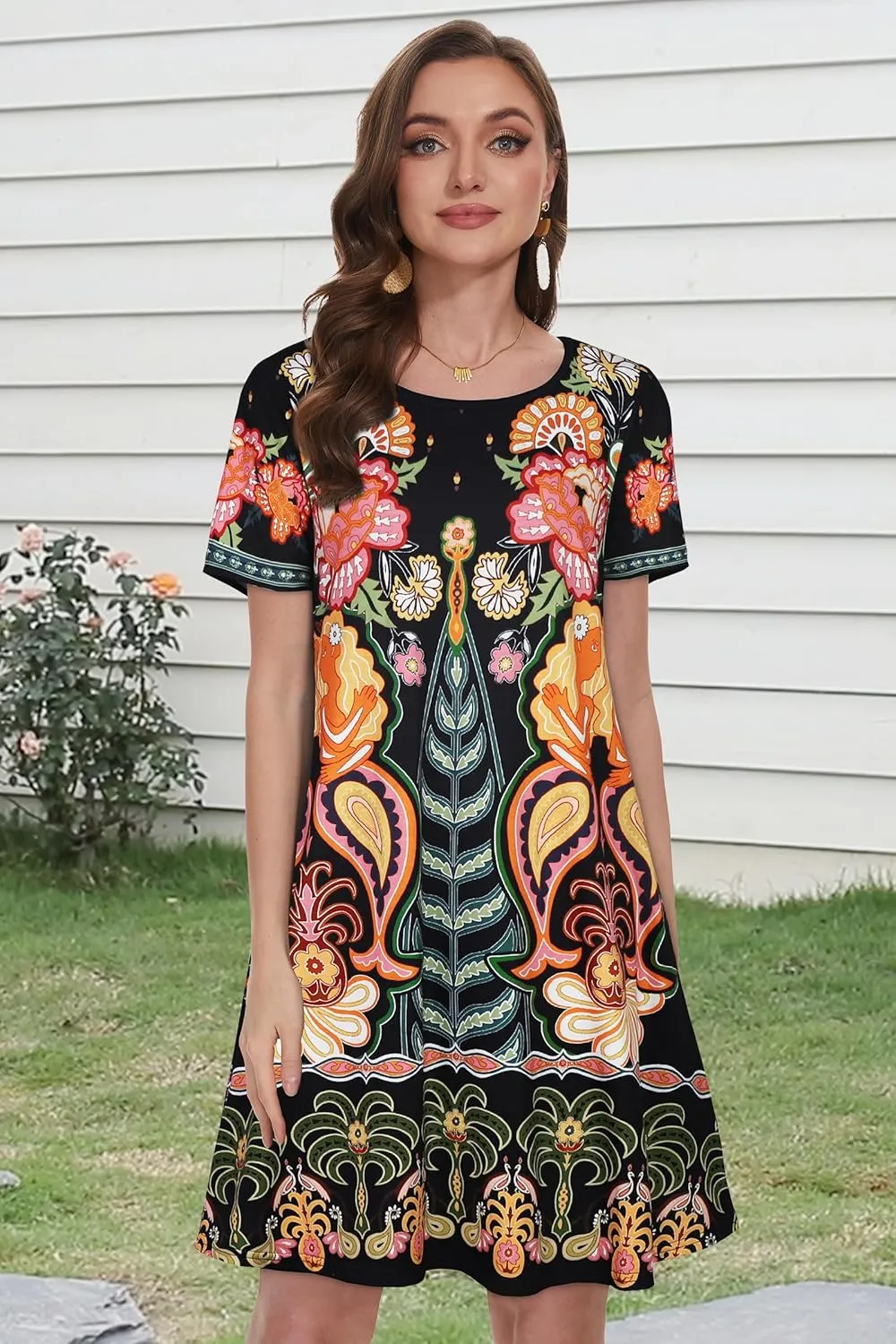 Summer Dresses for Women Casual Tshirt Short Sleeve Floral Sundress Beach Cover Ups with Pockets