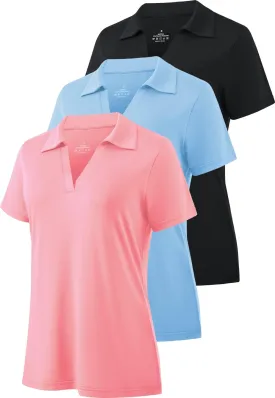 Ullnoy Women's Dry-fit Golf Polo Shirts Short Sleeve Shirts for Women V Neck Moisture Wicking Sports Tops Collar 1-3 Pack