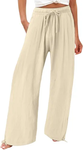 Women's Linen Summer Palazzo Pant Flowy Wide Leg Beach Pants High Waist Work Trouser with Pocket
