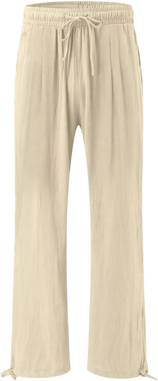 Women's Linen Summer Palazzo Pant Flowy Wide Leg Beach Pants High Waist Work Trouser with Pocket