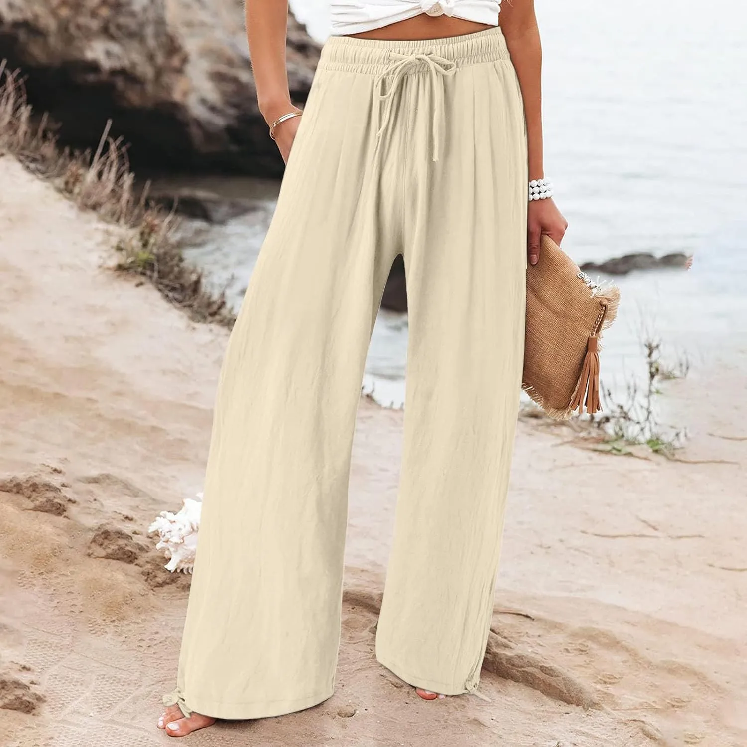 Women's Linen Summer Palazzo Pant Flowy Wide Leg Beach Pants High Waist Work Trouser with Pocket