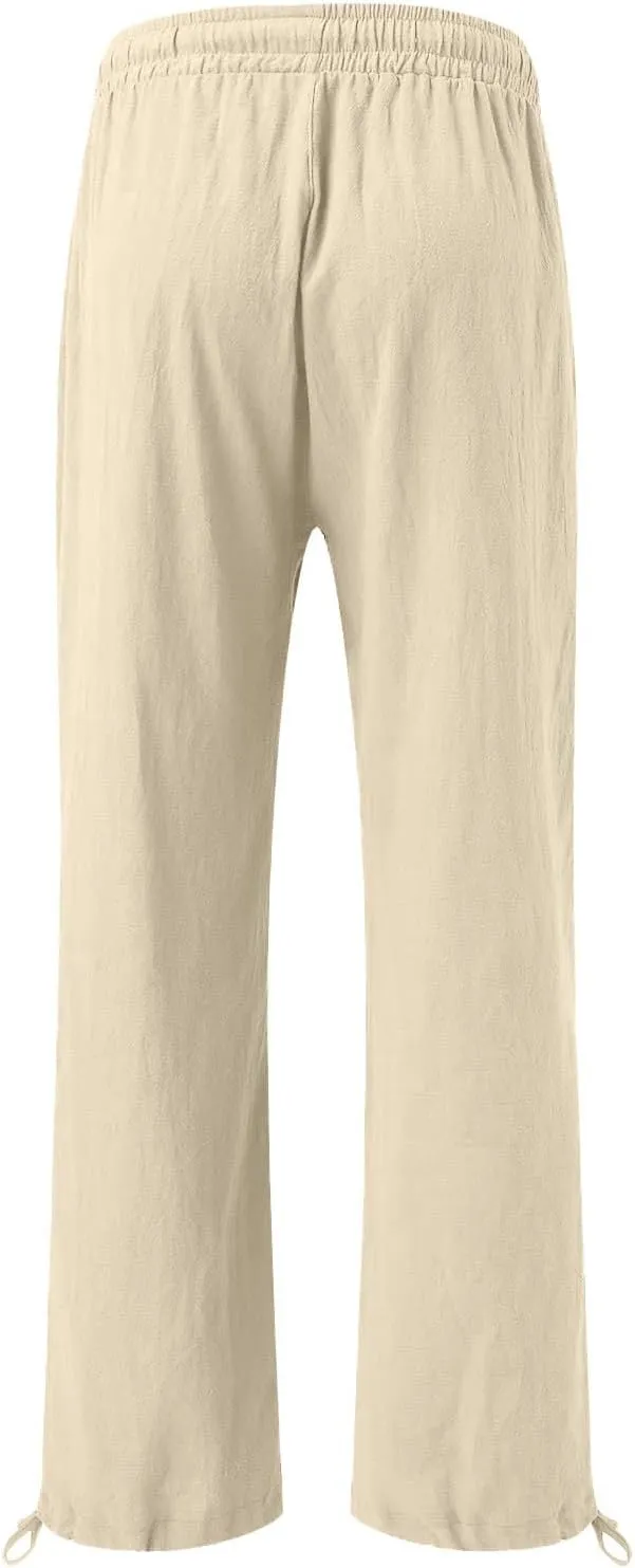 Women's Linen Summer Palazzo Pant Flowy Wide Leg Beach Pants High Waist Work Trouser with Pocket