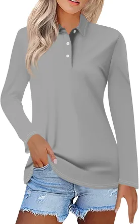 Women's Polo Shirts Long Sleeve Golf T Shirt Button Solid Color Quick Dry Lightweight Athletic Tennis Shirts
