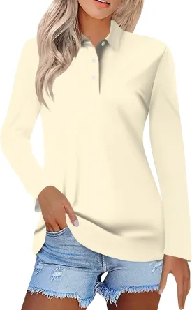 Women's Polo Shirts Long Sleeve Golf T Shirt Button Solid Color Quick Dry Lightweight Athletic Tennis Shirts