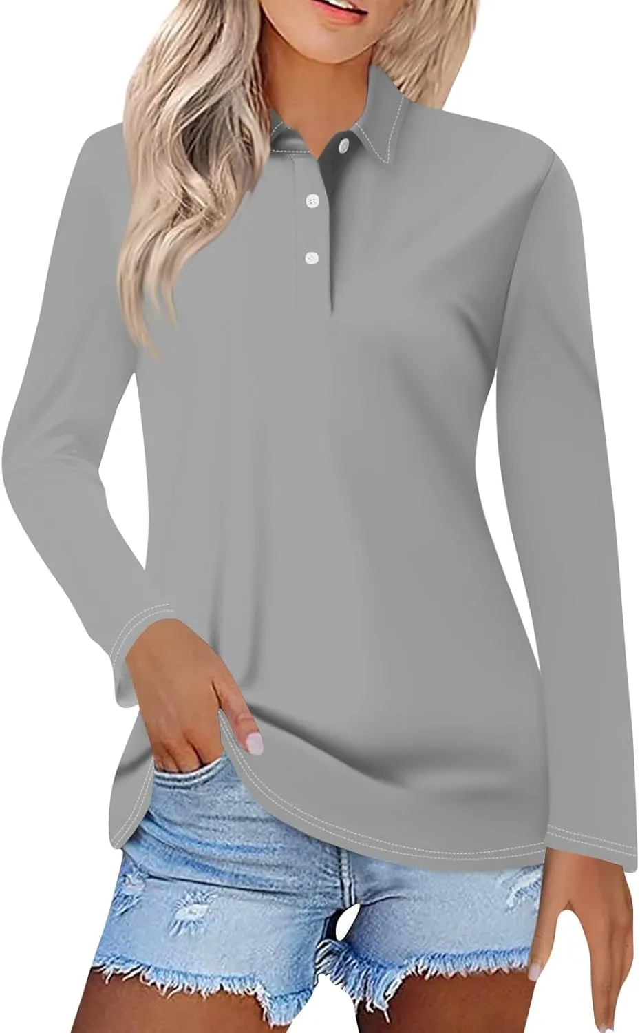 Women's Polo Shirts Long Sleeve Golf T Shirt Button Solid Color Quick Dry Lightweight Athletic Tennis Shirts