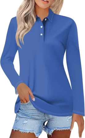 Women's Polo Shirts Long Sleeve Golf T Shirt Button Solid Color Quick Dry Lightweight Athletic Tennis Shirts