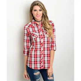 Women's Shirts Plaid Button Down Red And White