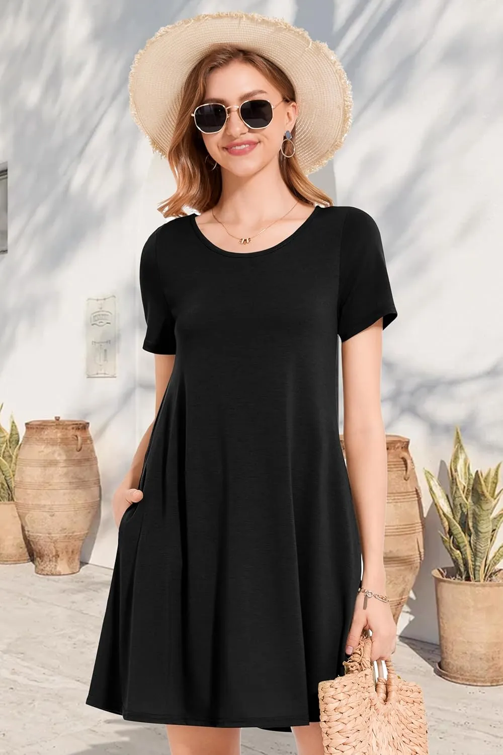 Womens Summer Dresses Beach Casual Loose Tshirt Floral Short Sleeve Flowy Pockets Sundresses
